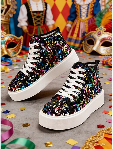  Damen Mardi Gras Schwarze Bunte Pailletten High-Top Sneakers – Trendige Festival-Schuhe für Karneval Paraden und Straßenfeiern