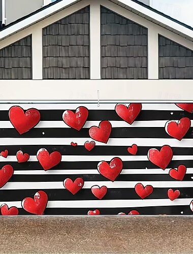  Garagentorabdeckung zum Valentinstag, schwarz-weiße Streifen mit rotem Herz, stilvolle Festtagsdekoration, perfekt für Schaufenster oder Zuhause, Garagendekoration zum Valentinstag
