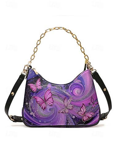  Sac bandoulière femme en similicuir avec bandoulière ajustable, motif papillon, disponible en plusieurs coloris, style polyvalent pour les occasions décontractées et habillées.