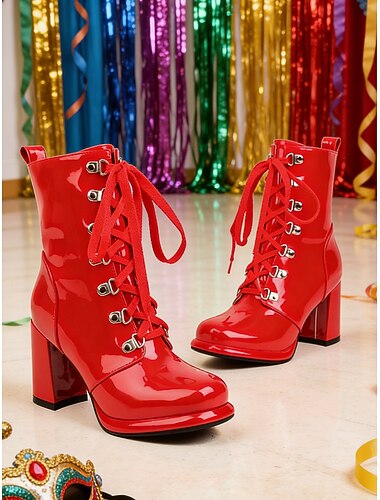  Vrouwen Mardi Gras Gele Patente Nepleren Veterschoenen met Chunky Hakken – Dapper en Stijlvol voor Carnaval Festivals en Leuke Vieringen