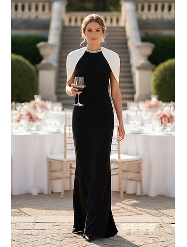  Strak kolom Tot de grond Formele jurk Avondjurk Capejurk Baljurk met cape Avondjurken Formele kleding Elegant Celebrity-Stijl Mouwloos Strakke ronde hals Tuinfeest Bruiloft Stretch crêpe met