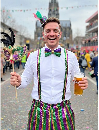  Mannen Elastische Polyester Bretels en Strikset Sequin Ontwerp in Paars en Groen Perfect voor Carnaval en Maskerade Bals