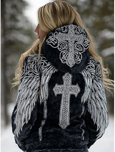  Dame Pullover hettegenser-genser Lapper Trykt mønster Lomme foran Grafisk Geometrisk Stamme Årgang Fritid Bohem Langermet Med hette Vanlige topper Avslappet Gate Hverdag Svart Vår Høst Vinter