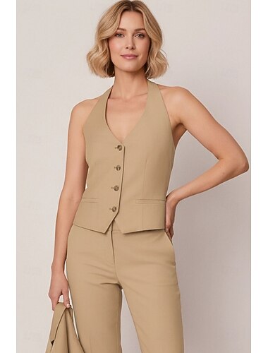  Damen Weste Büro Formell Hochzeitsgast Stretchstoff Elegant Ärmellos Neckholder Einreihig