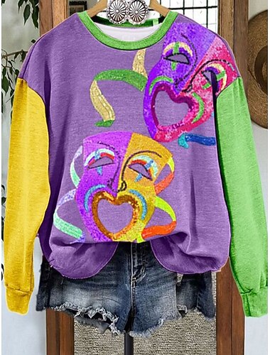  Carnaval Vrouwen Pullover Sweatshirt Grafisch Abstract Casual Lange Mouwen Crew Neck Reguliere Tops Casual Straat Dagelijks Geel Paarse Groene Lente Winter