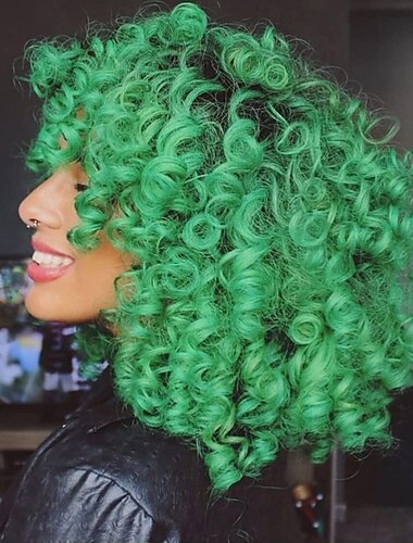  Grüne Perücken für Frauen Weiche Kurze Lockige Perücke mit Pony Synthetische Afro Lose Krause Lockige Perücke