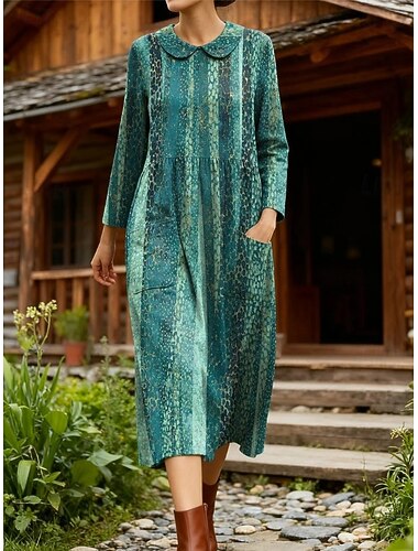  Dames Halflange jurk Schede jurk Geplooide jurk Vakantie Casual Boho Feestdagen Lente Jurk Normale pasvorm Ruitjes Abstract Lange mouw Strakke ronde hals blauw Donker Bruin Bruin Groen Lente Herfst