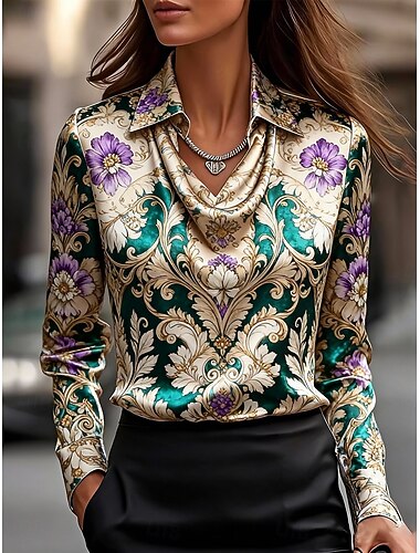  Damen Hemd Elegant Satin-Top Seiden-Oberteile Druck Drapiert Blumen Elegant Vintage Klassisch Langarm Wasserfallausschnitt Normale Oberteile Täglich Arbeit Ferien Purpur Frühling Herbst