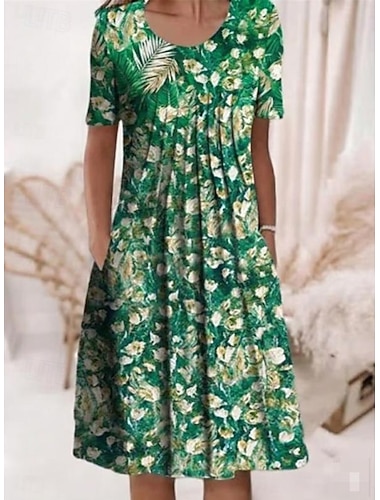  Damen Midikleid Kunstbaumwollleinen Shiftkleid Freizeitkleid Sommerkleid Mode Modern Täglich Strand Wochenende Normale Passform Blumen Kurzarm Rundhalsausschnitt Blau Weiß Rote Marineblau Sommer