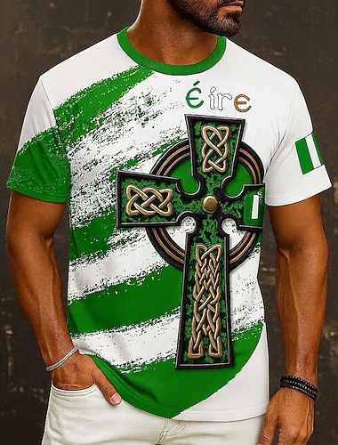  St. Patrick Herren Grafik Kreuz T Shirt Kurzarmshirt T-Shirt Kurzarm T-Shirt 3D-Druck Rundhalsausschnitt Hemd Täglich Designer Lässig Party St.Patrick's Day Ferien Weiß Grün Sommer Frühling Bekleidung