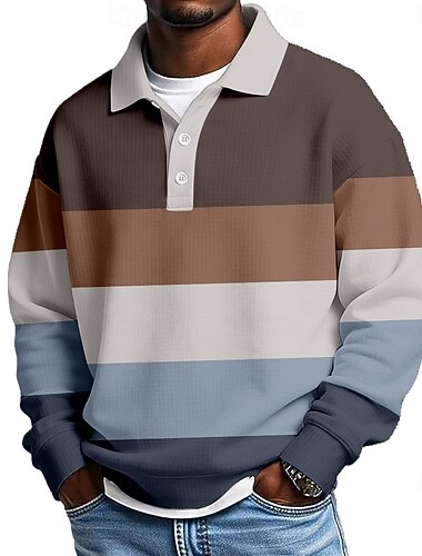  男性用 水平ストリップ ワッフルポロシャツ ラグビーポロシャツ テクスチャード加工 長袖 ポロシャツ ラペル カジュアル アスレイジャー デイリーウェア 3Dプリント 春 秋 冬 ブルー ダークブラウン ライトグリーン