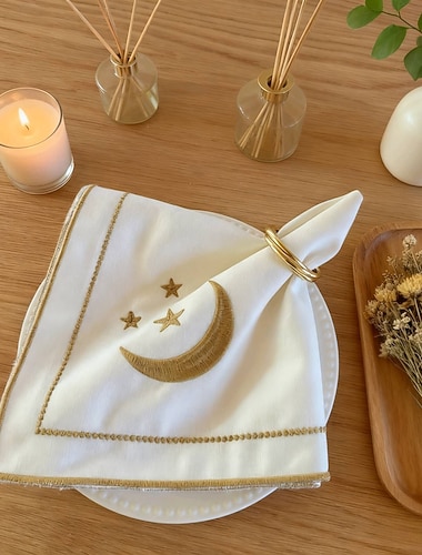  Tischserviette zum Ramadan-Eid-Fest, bestickte Sterne aus dem Nahen Osten &Mond, hochwertiges Baumwoll-Leinen-Tischtuch, Tischdekoration mit Goldfaden für Esszimmer und festliche Anlässe