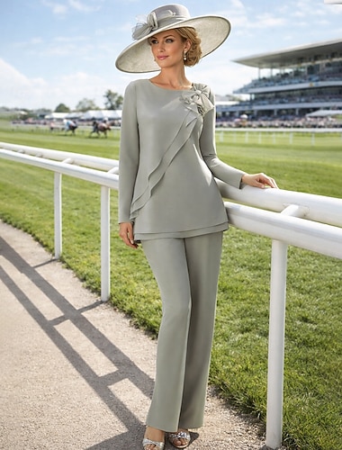  Deux Pièces Combinaison Tailleur-Pantalon Longueur au sol Robe de Mère de Mariée  manche longue Bijoux Élégant Grande taille robe demoiselle d honneur Chiffon avec Noeud(s) Volants