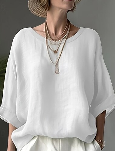  Pentru femei In din bumbac artificial Culoare solidă Simplu Elegant Boemia Epocă Manșon scurt Topuri obișnuite Alb Verde Deschis Albastru celest Vară Primăvară Toamnă Iarnă