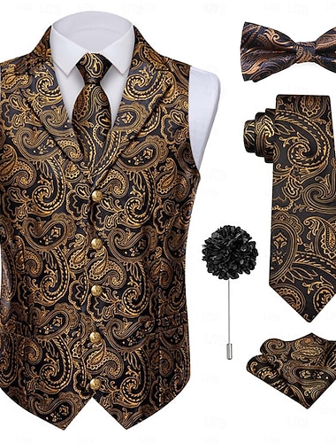  Retro Vintage Loucos anos 20 Anos 20 Roupa Colete Conjunto de acessórios Cavalheiro Mafioso Estampado Cashemere Jacquard Fantasia Homens Fantasia de Carnaval 7 PCS Natal Dia Das Bruxas Carnaval