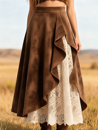  Damen Vintage Mode Lässig Maxi Hohe Taille Röcke Einfach Spitze Patchwork Unelastisch Mikroelastisch Täglich Straße Braun Frühling Polyester