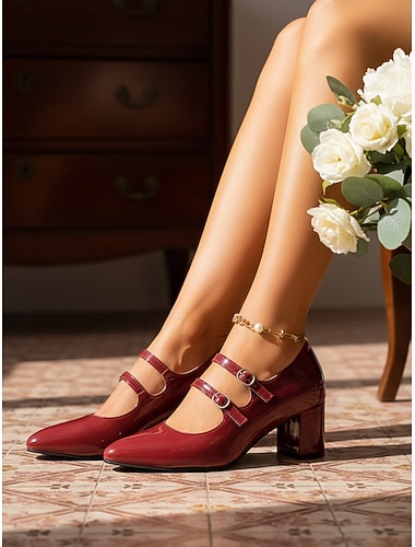  حذاء ماري جين أحمر بكعب عالٍ بتصميم عتيق من الخمسينيات للنساء - حذاء بكعب عالٍ مزدوج من الجلد الصناعي اللامع بكعب عريض، يتميز بأناقة كلاسيكية للمناسبات الرسمية والحفلات وحفلات الزفاف