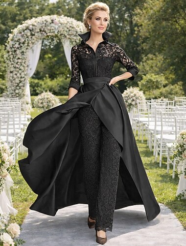  Buksedrakt Gulvlengde Kjole til brudens mor 3/4 ermer Skjortekrage Årgang Fest Formell Bryllupsgjest Formell kveld Sateng Blonder med Ruchiing