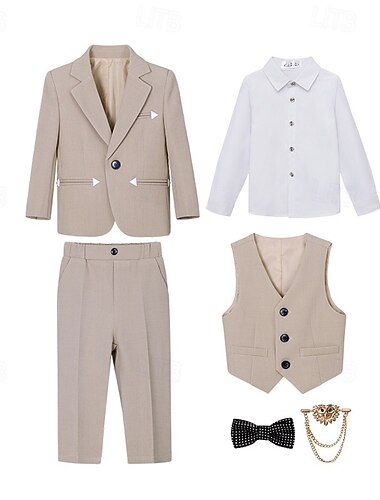  חליפת נושאי טבעת 6 חלקים חליפה לילדים בנים בלייזר &אפוד &מכנסיים &חולצה &עניבה חליפה רשמית לבנים קז'ואל חוץ מסיבה אופנתית מגניב בסיסי צבע אחיד כפתורים עם כיסים שחור חאקי אפור פוליאסטר