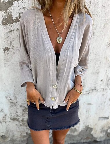  Dame Linned skjorte Knapper Helfarve Elegant Boheme Årgang Langærmet V-hals Almindelige toppe Daglig Ferie Påfuglgrøn Sort Gul Mørkegrå Abrikos Sommer Forår Efterår