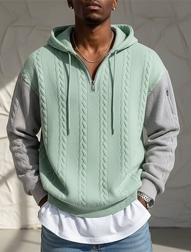  Herren Jacquard Kapuzensweatshirt Pullover Kapuzensweatshirt Viertelreißverschluss Kapuzensweatshirt Hellgrün Hellgrau Mit Kapuze Einfach Patchwork Farbblock Strukturiert Lässig Täglich Sport