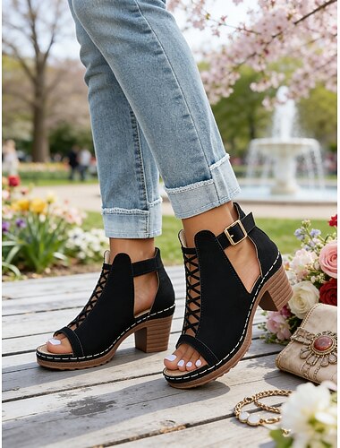  صندل نسائي أحمر بكعب سميك وسحاب إغلاق، بتصميم مجوف مناسب لحفلات الحدائق والارتداء اليومي