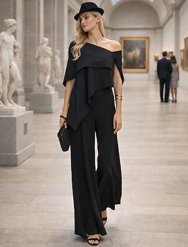  Jumpsuits Tot de grond Moeder van de bruid jurk Korte mouw Schouderafhangend Elegant Formeel Bruiloft gast Bruiloft Chiffon met Geplooid