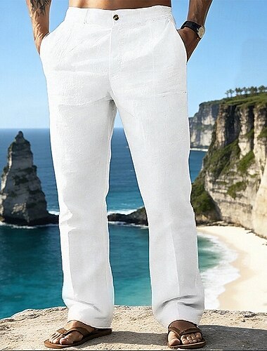  Herren Leinenhosen Hose Sommerhose Strandhose Tasche Einfarbig Komfort Atmungsaktiv Täglich Outdoor Ferien Urlaub Klassicher Stil Schwarz Weiß