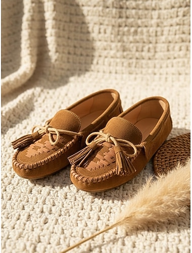  Kvinnenes suedemokassinflats – Boho-inspirerte loafers med frynser og snøring uformelle utflukter reise og hverdagsbruk