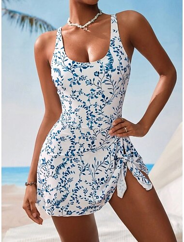  Dames Eendelig Zwempak Monokini Rok Tummy Control Hoge Taille Slank Rugloos Vakantie Vintage Bloemig Grafisch U Nek Mouwloos Badpakken