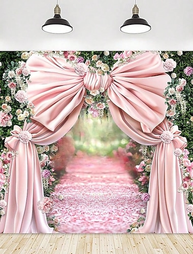  Valentinstag-Wandteppich, 2D-Flachdruck, riesige Schleife &Blumenpfadgestaltung, perfekte Kulisse für romantische Festdekoration und gemütliches Urlaubsambiente