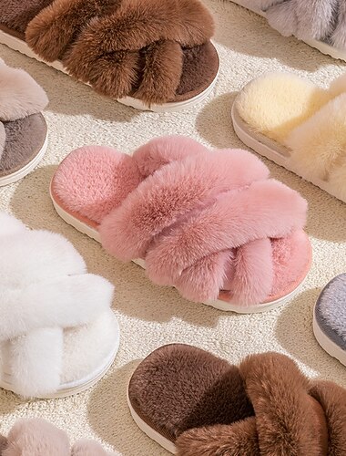  bomullstofflor för kvinnor europeisk stil öppen tå plysch inomhus hem mjuka pälsiga hustofflor dopamindesign