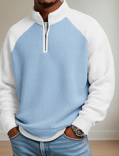  Herren Waffel-Poloshirts Polo Lässig Formell Gebänderter Kragen Langarm Mode Einfarbig Texture Knöpfe Rein Herbst Winter Herbst Frühling & Herbst Normale Passform Schwarz Hellgrün Hellblau Marineblau
