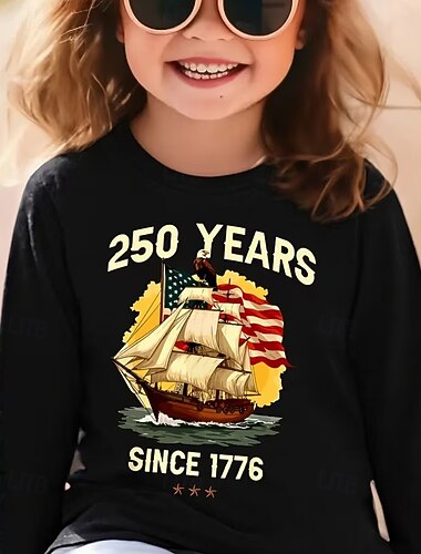  Uniseks Voor meisjes 3D Grafisch Vlag 250-jarig jubileum Amerikaanse vlag voor kinderen T-shirt Lange mouw 3D-afdrukken Zomer Herfst Sport Modieus Streetwear Kinderen 4-12 jaar Strakke ronde hals