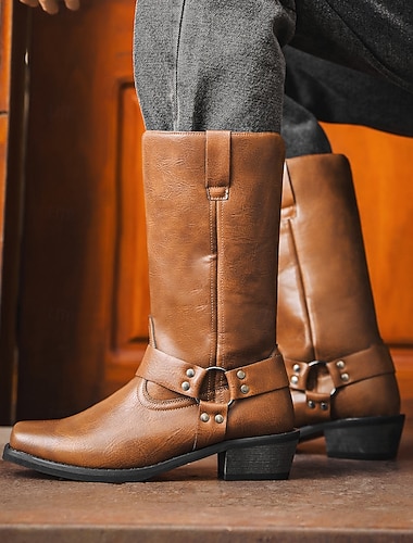  Voor heren Laarzen Cowboy westernlaarzen Retro Wandelen Casual Dagelijks PU Comfortabel Kuitlaarzen Leegloper Donker Bruin Geel bruin Zwart Lente Herfst