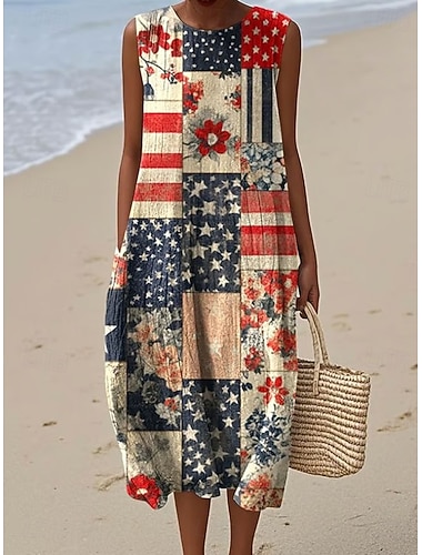  Unabhängigkeitstag Patriotic Leinenähnliches Damen Midi-Kleid Sommerkleid Shift Kleid A-Linie Kleid Urlaub Lässig Boho Strand Ausgehen Lockere Passform Grafik Geometrisch Sterne und Streifen Ärmellos