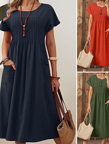  Pâques Femmes Robe Midi Faux coton lin Robe trapèze Robe d'été Occasionnel Quotidien Coupe Ample Uni Manche Courte Col ras du cou Bleu marine Rouge Vert Véronèse Été
