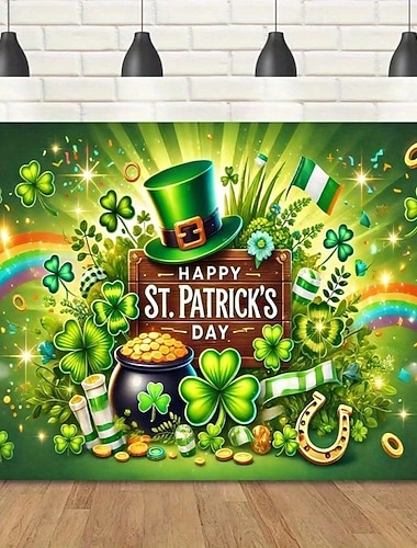  Festlicher Wandteppich als Hintergrund für den St. Patrick's Day, Kleeblatt- und Koboldhut-Design, fröhliche Wanddekoration zum Feiern, Wandbehang im irischen Stil für den St. Patrick's Day.