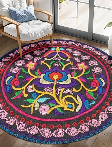  tappeto, stampa piatta 2D, tappeto rotondo con motivo floreale bohémien, arredamento per camera da letto con mandala colorato, tappetino antiscivolo per soggiorno e corridoio