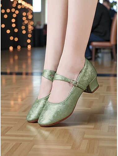  Chaussures de danse professionnelles Mary Jane en satin jacquard pour femmes - petit talon bloc latin &Chaussures de danse de salon pour femmes, bride de sécurité, semelle souple et confortable pour