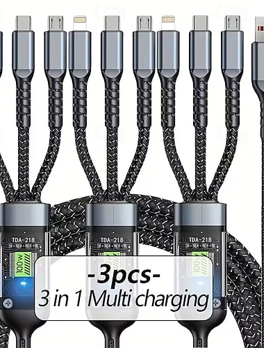  3-pakning universell hurtigladekabel, QC3.0 nylonflettet multiladekabel med Lightning-, Micro-USB- og USB-C-kontakter for flere smarttelefoner
