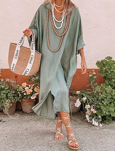  Per donna Abito Midi Finto cotone e lino Vestito a caftano Moderno Quotidiano All'aperto Vacanza Vestibilità comoda Semplice Manica Lunga Colletto a Camicia Verde Estate Primavera