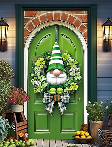  Cortina de porta com trevo verde para o Dia de São Patrício, desenho de duende, decoração festiva para a porta de entrada, painel de trevo irlandês para a celebração do Dia de São Patrício.