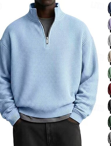  Herren Sweatshirt Waffel-Sweatshirt Pullover Kapuzensweatshirt Viertelreißverschluss Sweatshirt Aprikose Weinrot Weiß Hellgrün Marineblau Stehkragen Einfach Strukturiert Lässig Täglich Sport & Outdoor