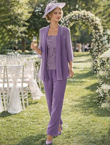  Broek 3-delig pak Tot de enkel Moeder van de bruid jurk Halve mouw Vierkante hals Elegant Formeel Bruiloft gast Chiffon Kant met Appliqués
