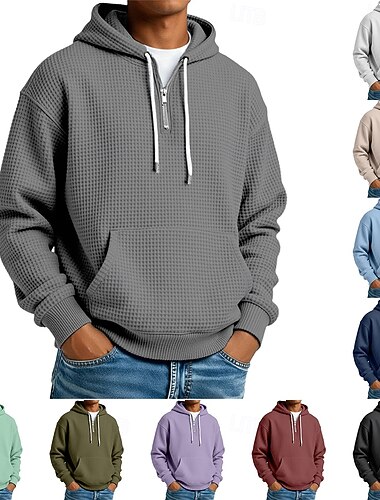  Voor heren Trui met capuchon Wafel Hoodies Stoppen Lichtgrijs Capuchon Effen Kangoeroe zak Met Textuur Casual Dagelijks Sport & Outdoor Streetwear Stoer Sportkleding Lente & Herfst Kleding Hoodies