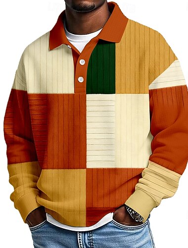  Herre Patchwork Vaffel poloskjorter Med Tekstur Langærmet Polo skjorter Knaphul Afslappet atletiktøj Dagligdagstøj 3D-udskrivning Forår Efterår Vinter Rød Grøn Grå