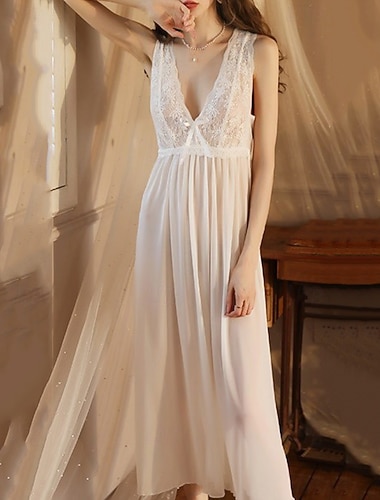  Damen Nachthemd Lässig Weich Satin Einfarbig Patchwork Netz Täglich Heim Bett Ärmellos V Ausschnitt Schwarz Weiß Wein Sommer Lässiger Schnitt