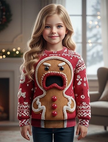  Weihnachten Mädchen 3D Lebkuchenmänner hässlicher Weihnachtspullover Weihnachtsgeschenk Pullover Langarm 3D-Druck Herbst Winter Mode Party Kinder 4-12 Jahre Rundhalsausschnitt Outdoor Täglich Normale