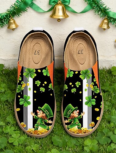 أحذية نسائية سهلة الارتداء ليوم القديس باتريك - أحذية مسطحة كاجوال بنقشة البرسيم الأخضر مع نعل مريح، أحذية أنيقة ومرحة للاحتفالات والمهرجانات والارتداء اليومي